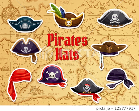 Pirate tricorn hats and corsair bandanas stickers on treasure map vector background. Cartoon pirate captain hats and corsair sailor bandanas with crossbones and skulls, black eye patch and feathers 125777917