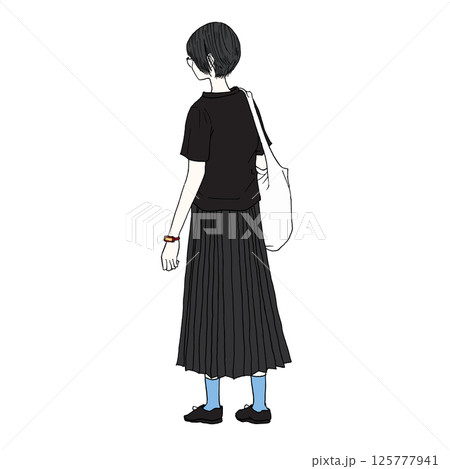 遠くの何かを見ているプリーツスカートをはいたショートボブの女性（カラー） 125777941