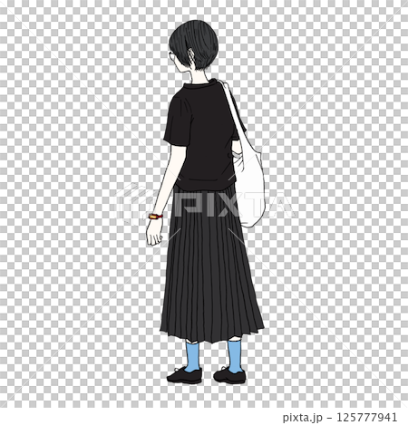 遠くの何かを見ているプリーツスカートをはいたショートボブの女性（カラー） 125777941