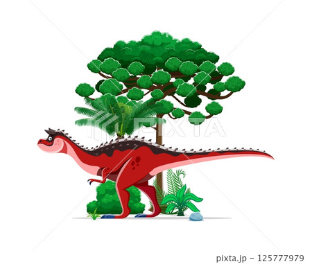 Carnotaurus prehistoric dinosaur character. Isolated cartoon vector carnivorous ancient reptile dino predator in a lush, vibrant tropical landscape with rocks, palm trees, green bush and ferns 125777979