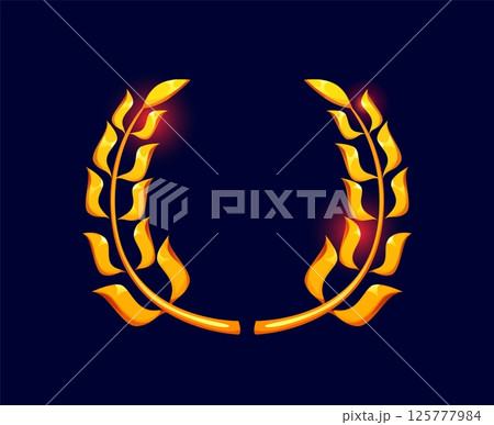 Golden laurel branches wreath vector badge of game UI asset for champion medal, winner award and prize. Cartoon golden wreath of laurel branches and leaves, isolated luxury heraldic gold frame 125777984