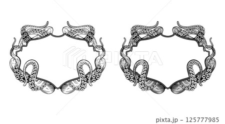 Vintage frames with octopus tentacles, kraken monster plate tiles, vector sea and ocean water animal, seafood menu. Fantasy octopus or kraken monster tentacles sketch frame borders, engraving texture 125777985