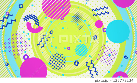 大きな円の上にメンフィス風の図形や模様が並ぶポップな平面構成 - カラフル 大きな円の上にメンフィス風の図形や模様が並ぶポップな平面構成 - カラフル 125778134