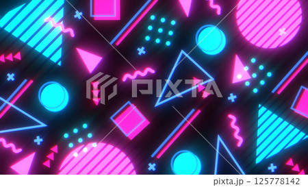 メンフィス風の図形や模様が並ぶレトロな平面構成 - ピンクネオンカラー 125778142