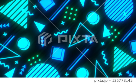 メンフィス風の図形や模様が並ぶレトロな平面構成 - ブルーネオンカラー 125778143