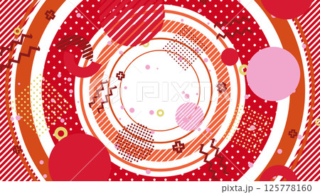 大きな円の上にメンフィス風の図形や模様が並ぶポップな平面構成 - レッド/透過背景 125778160