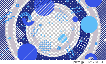 A pop flat composition with Memphis-style shapes and patterns on a large circle - Blue/Transparent background A pop flat composition with Memphis-style shapes and patterns on a large circle - Blue/Transparent background 125778161