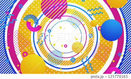 大きな円の上にメンフィス風の図形や模様が並ぶポップな平面構成 - カラフル/透過背景 125778163