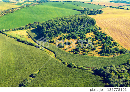 View from above of countryside. View of agriculture fields with groves in summer 125778191