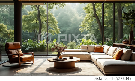 Modern living space with expansive windows overlooking a serene forest 125778345