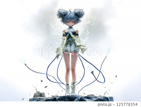 稲妻を操る電気の妖精のイラスト素材 稲妻を操る電気の妖精のイラスト素材 125778354