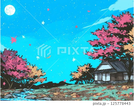秋の夜長の背景イラスト、素材、秋、夜、風景、景色、満月 125778443
