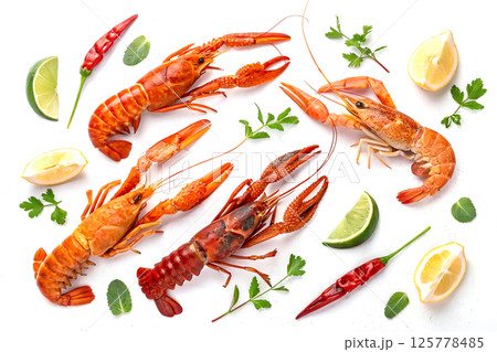 Boiled ready to eat lobsters crayfish with spices 125778485