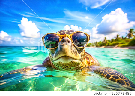 A funny turtle in sunglasses swims in a tropical sea 125778489