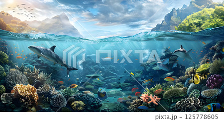 Marine Marvel: Underwater Landscape and Ocean Life, Oceanic Wonderland: Exploring Marine Life and Underwater Scenery, Undersea Delight: Ocean View of Marine Life and Underwater World - Ai Generated 125778605
