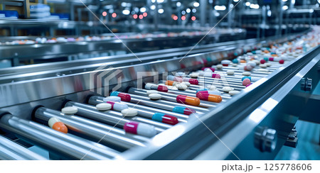 Automated Pharmaceutical Production: Medicines on Conveyor System, Pharmaceutical Manufacturing Scene: Medicines on Automated Conveyor, Pharmaceutical Manufacturing Background - Ai Generated Automated Pharmaceutical Production: Medicines on Conveyor System, Pharmaceutical Manufacturing Scene: Medicines on Automated Conveyor, Pharmaceutical Manufacturing Background - Ai Generated 125778606