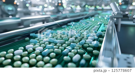 Automated Pharmaceutical Production: Medicines on Conveyor System, Pharmaceutical Manufacturing Scene: Medicines on Automated Conveyor, Pharmaceutical Manufacturing Background - Ai Generated 125778607