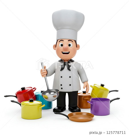 Chef character holding a ladle surrounded by colorful cooking pots in a cheerful kitchen setting Chef character holding a ladle surrounded by colorful cooking pots in a cheerful kitchen setting 125778711
