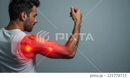 Man demonstrating muscle tension and strength with highlighted bicep in a minimalistic setting 125778715