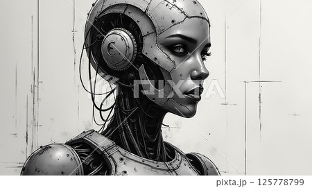 Futuristic robot woman with intricate details showcasing advanced technology and emotional expression in a minimalistic environment 125778799