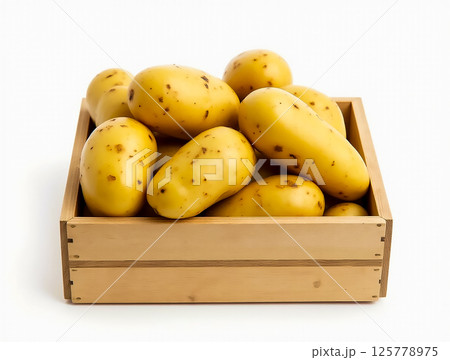 Fresh yellow potatoes in a wooden crate showcasing natural imperfections and earthy texture 125778975