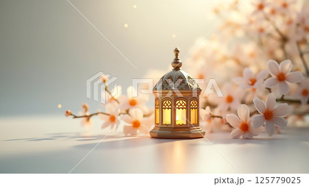 Decorative lantern rests beside delicate cherry blossom flowers in soft, warm light during springtime ambiance Decorative lantern rests beside delicate cherry blossom flowers in soft, warm light during springtime ambiance 125779025