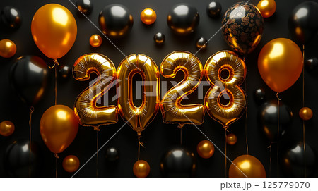 Festive 2028 celebration backdrop featuring golden and black balloons for New Year's Eve party 125779070
