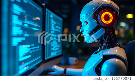 Advanced robot programming in a modern tech workspace during nighttime with glowing screens 125779071