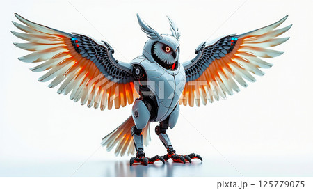 Mechanical owl with intricate design showcasing vibrant wings and robotic features in a minimalist setting Mechanical owl with intricate design showcasing vibrant wings and robotic features in a minimalist setting 125779075