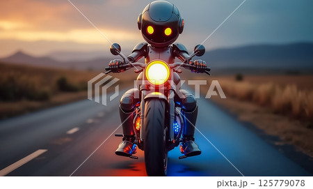 Robot rider on a motorcycle cruising down an open road at sunset in a rural setting 125779078