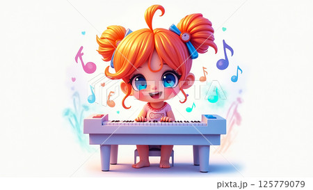 Cheerful child plays piano with joy while music notes float in the air, capturing a magical musical moment 125779079