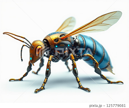 Futuristic robotic bee with metallic features and intricate design on a white background 125779081