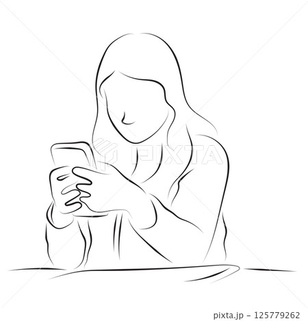 Woman with long hair using smartphone illustration vector hand drawn with black lines isolated on white background. 125779262