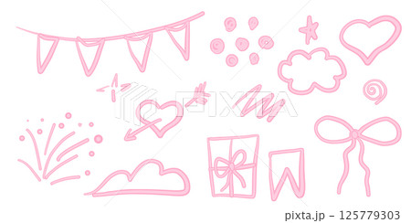 Hand drawn cute girly coquette elements, bows, garlands, clouds and scribbles. Feminine decor for bullet journal 125779303