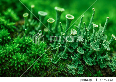 Forest floor macro of moss cushions with trumpet lichen cups holding crystal dew spheres evokes peaceful miniature jungle world Forest floor macro of moss cushions with trumpet lichen cups holding crystal dew spheres evokes peaceful miniature jungle world 125779338
