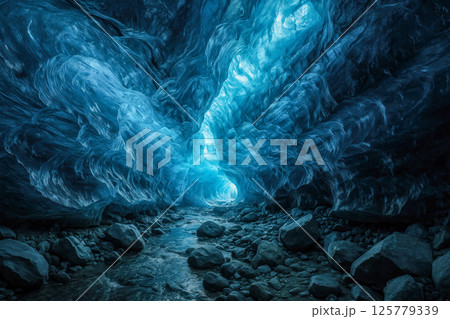 blue ice cave ceiling glowing with arctic light above rocky glacial river adventure landscape inspires climate exploration travel concept 125779339