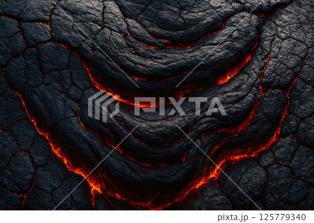 dark cracked volcanic rock background illuminated by glowing molten lava flowing through jagged fissures under subtle lighting texture 125779340