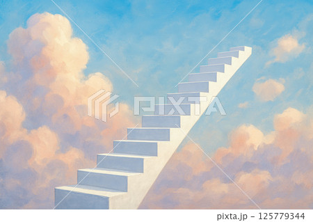 white stairway sweeping gracefully above cotton candy clouds into sunshine representing personal growth creativity limitless opportunities imaginative. 3d rendering 125779344