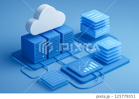 Blue cloud storage infrastructure illustration showcasing connected servers data stacks analytics panel network cables. 3d rendering 125779351