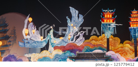 Beijing, China. Zigong Lantern Festival In Beijing. Amazing Lighting Composition Of Mythological Story About Moon Goddess Chang'e And Her Rabbits, Who Stole Elixir Of Immortality From Her Husband And 125779412