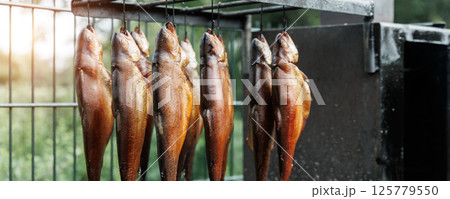 Fresh smoked rainbow trout fish hanging outdoors near smokehouse metal box. Traditional natural smoking process on wooden firewood chips. Homemade handmade hot smoke salmon Fresh smoked rainbow trout fish hanging outdoors near smokehouse metal box. Traditional natural smoking process on wooden firewood chips. Homemade handmade hot smoke salmon 125779550