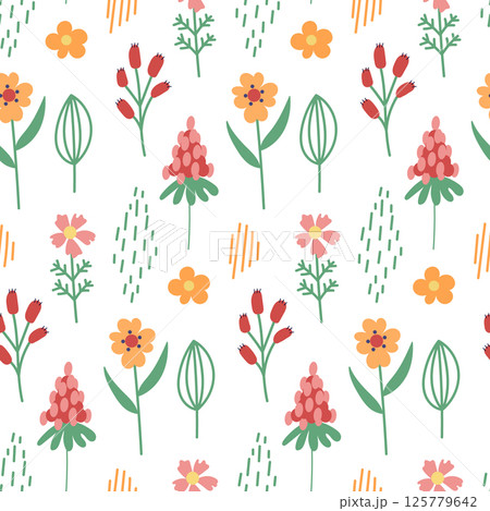 Spring flower seamless pattern. Hand drawn simple flowers. 125779642
