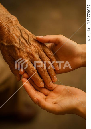 高齢者と若者の手の対比(世代のつながり・命のリレー) 高齢者と若者の手の対比(世代のつながり・命のリレー) 125779687