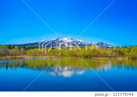新潟県妙高市、いもり池から見る妙高山の鏡像｜静寂の風景と反射 125779744