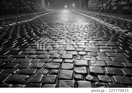 Night black street with cobblestone pavement 125779815