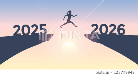 woman jumping over a cliff from 2025 to 2026 vector ilustration woman jumping over a cliff from 2025 to 2026 vector ilustration 125779948