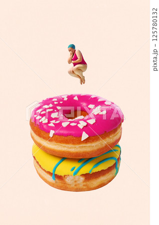 Woman in swimsuit jumping into stacked donuts with colorful icing against pastel background. Contemporary art collage. 125780132