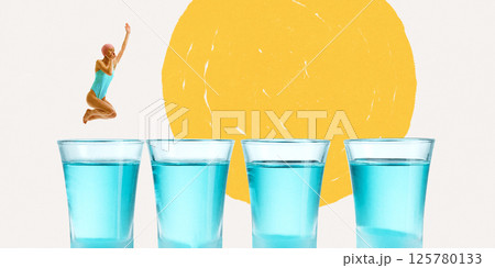 Young woman in swimsuit jumping over row of blue liquid shot glasses against abstract background. Contemporary art collage 125780133
