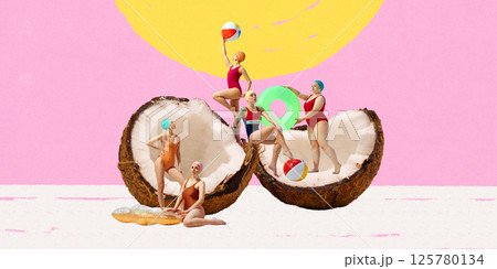 Women in swimsuits play with beach balls and float rings inside giant coconut shells against pink background. Contemporary art collage. Women in swimsuits play with beach balls and float rings inside giant coconut shells against pink background. Contemporary art collage. 125780134