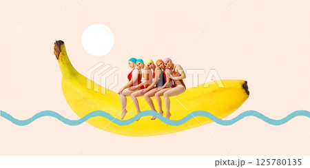 Women in colorful swimsuits sit on floating banana like boat over waves against pastel background. Contemporary art collage 125780135